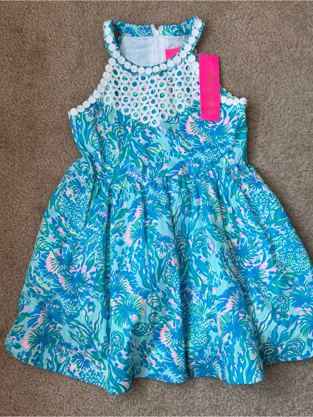Lilly Pulitzer Aqua, Pink & Green Floral Dress with White Crochet Detail